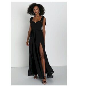 Lulus Radiant Charisma Black Chiffon Ruched Tie-Strap Maxi Dress Size Medium New